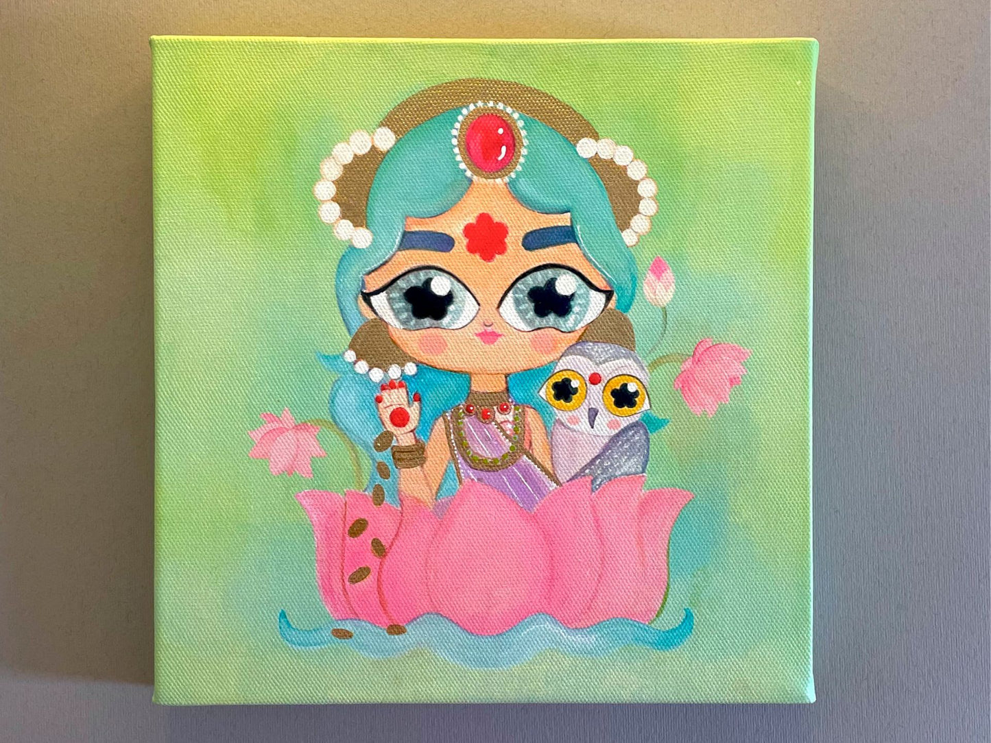 Lakshmi With Her Owl - Stretched Canvas Print with Hand-Painted Details | 8'' x 8''