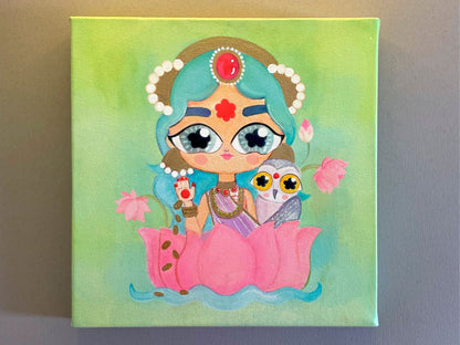 Lakshmi With Her Owl - Stretched Canvas Print with Hand-Painted Details | 8'' x 8''