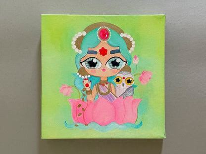 Lakshmi With Her Owl - Stretched Canvas Print with Hand-Painted Details | 8'' x 8''