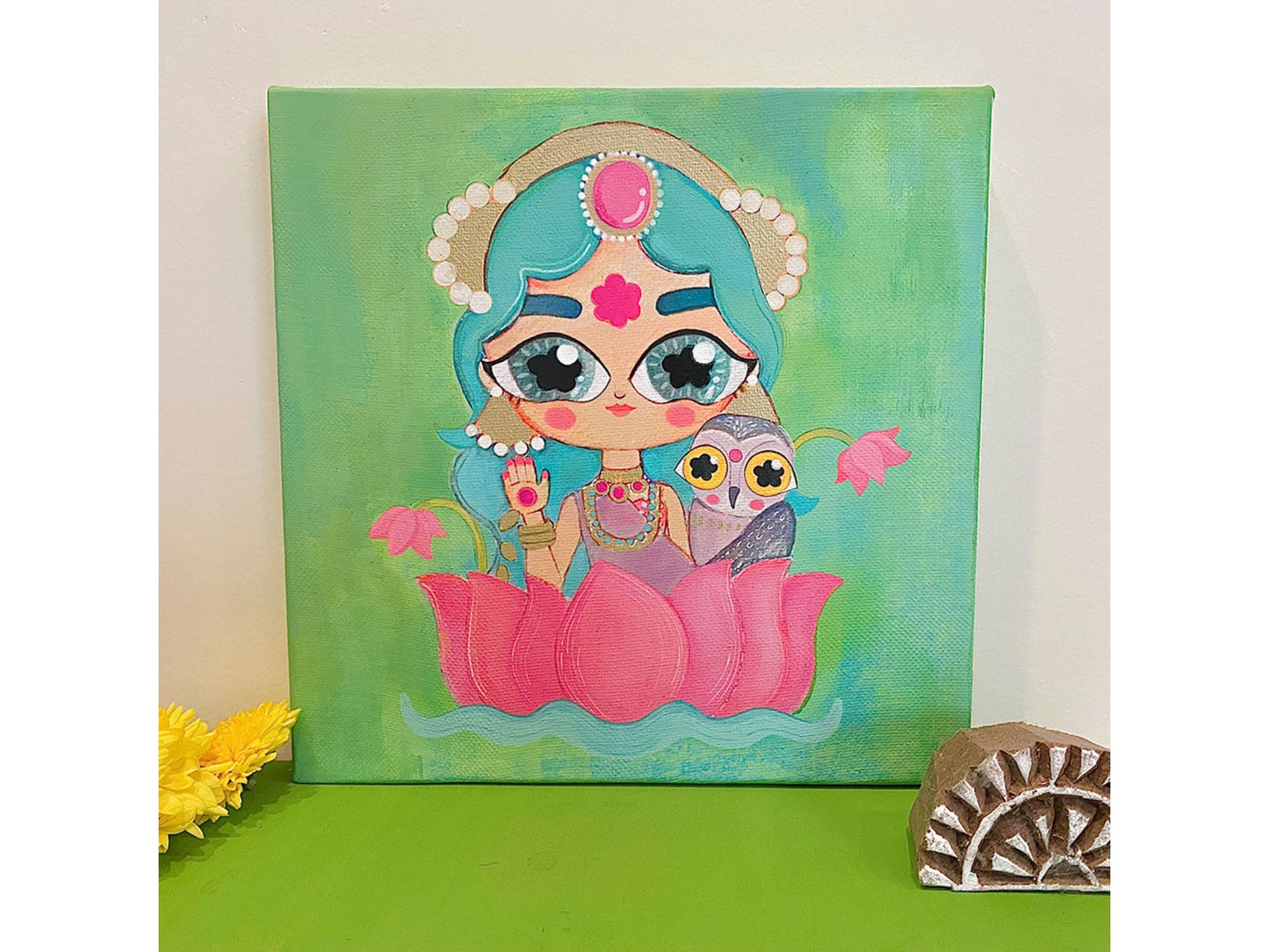 Lakshmi With Her Owl - Stretched Canvas Print with Hand-Painted Details | 8'' x 8''