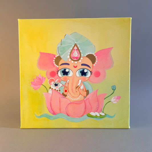 Ganesha With His Mouse- Stretched Canvas Print 8'' x 8''