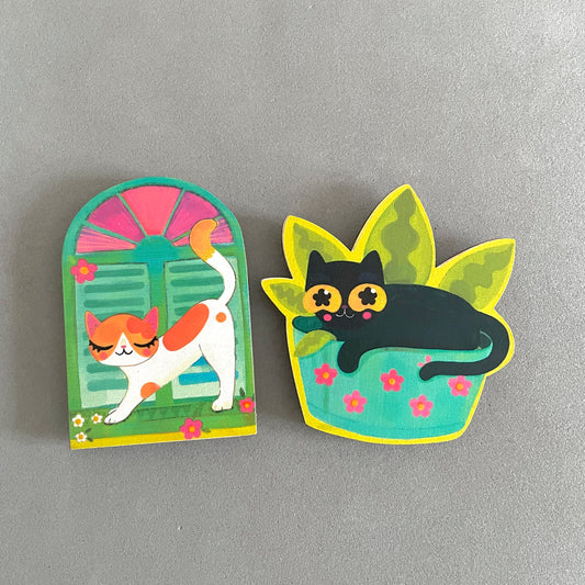 Cats in the Backyard! | Set of 2 Birchwood Fridge Magnets