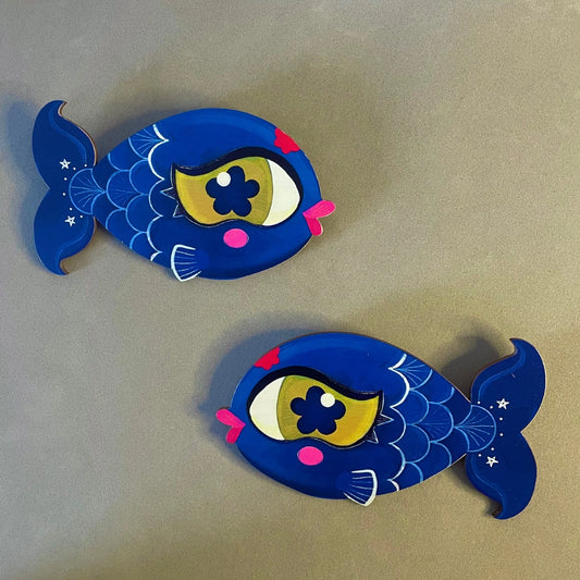 Indigo Fishes- Set of 2 Birchwood Mini Wall Plaques